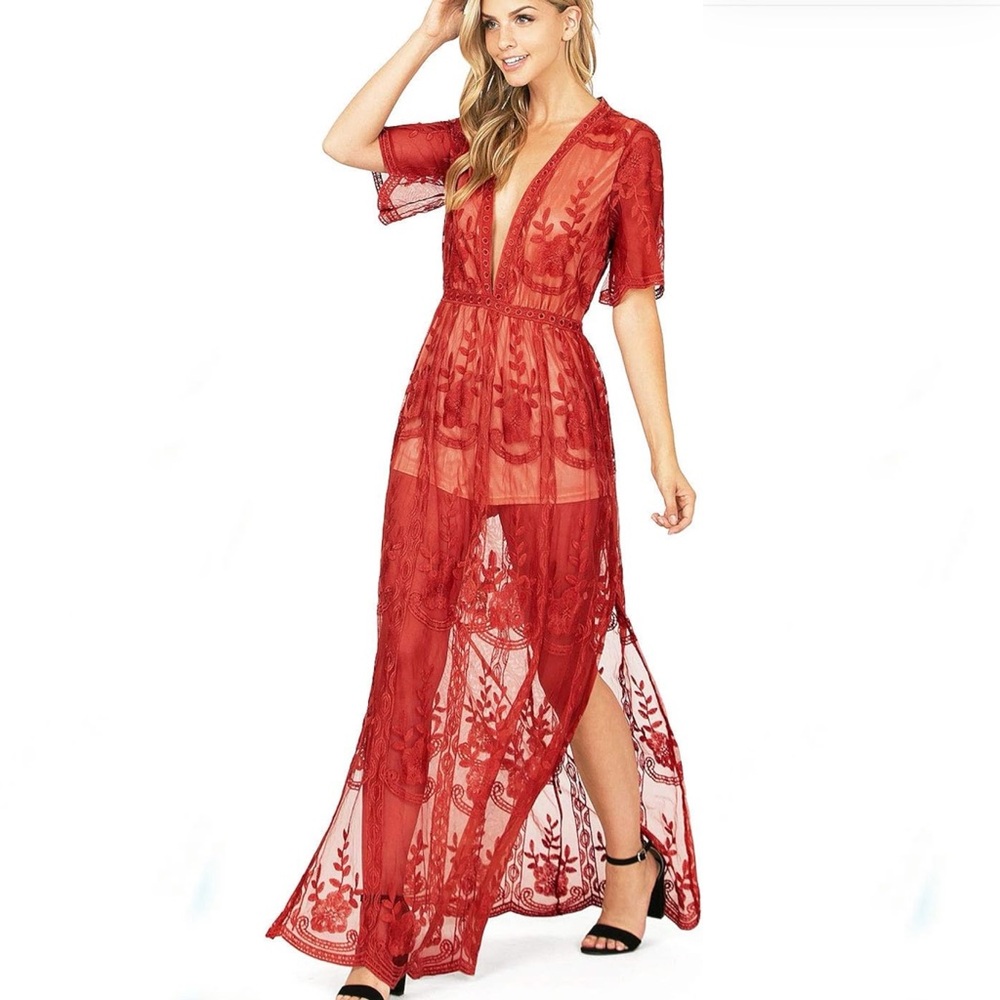 Haute Monde Red Sheer Embroidered Maxi Dress